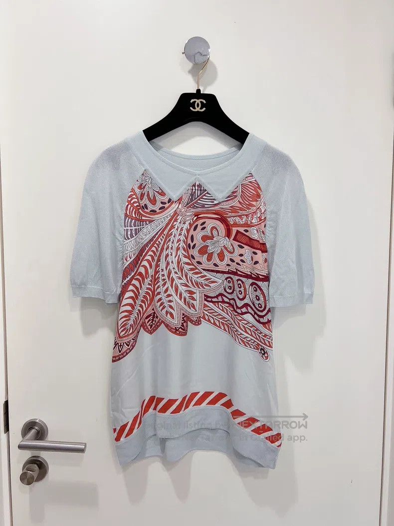 Hermes Hermes Blue Knit Silk Printed Mixed Short Sleeve T-Shirt Size S / US 4 / IT 40 - 1 Thumbnail