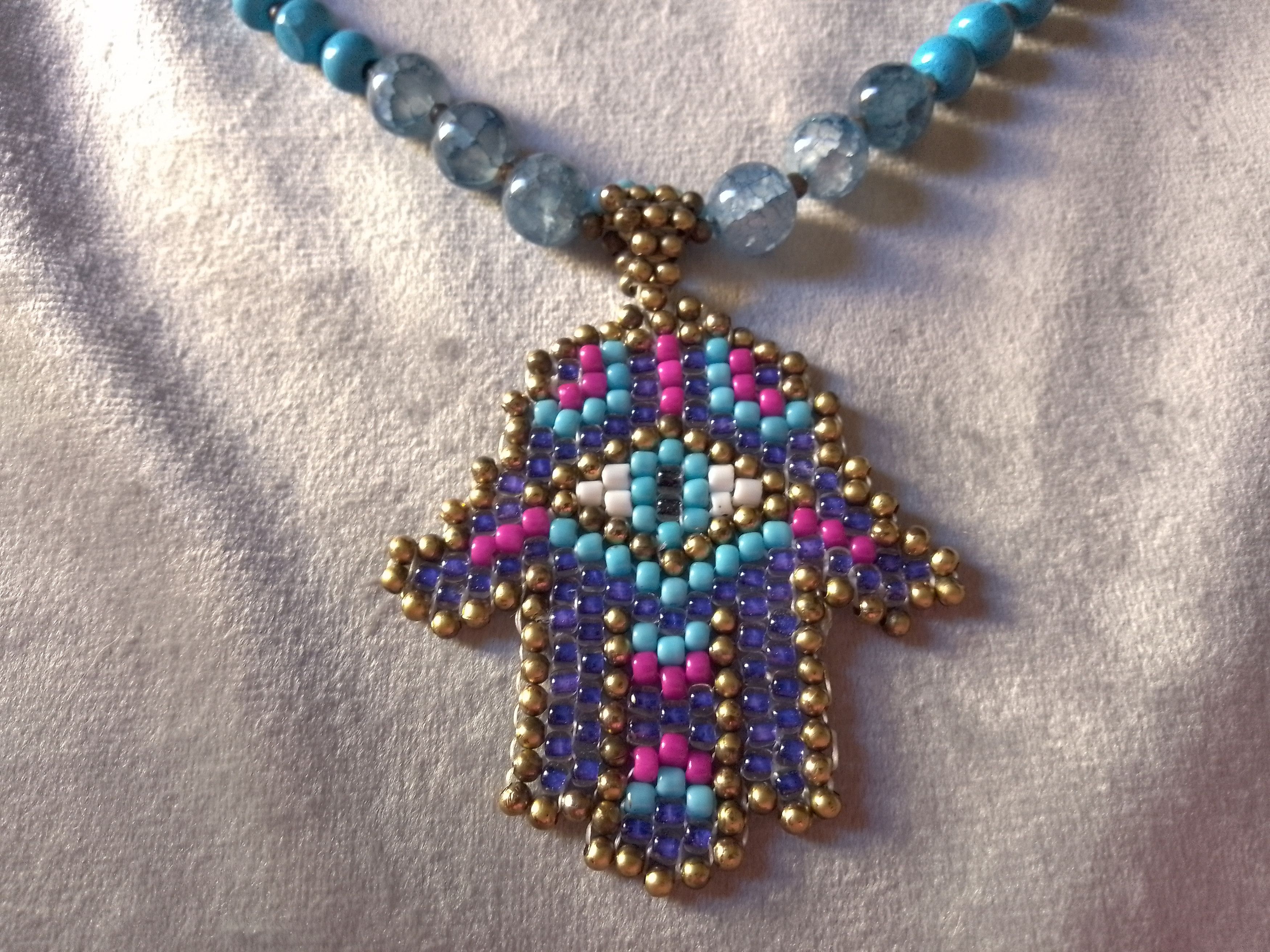 Handmade Necklace Blue Agate + Resin Hand of Fatima Lucky Charm Size ONE SIZE - 6 Thumbnail