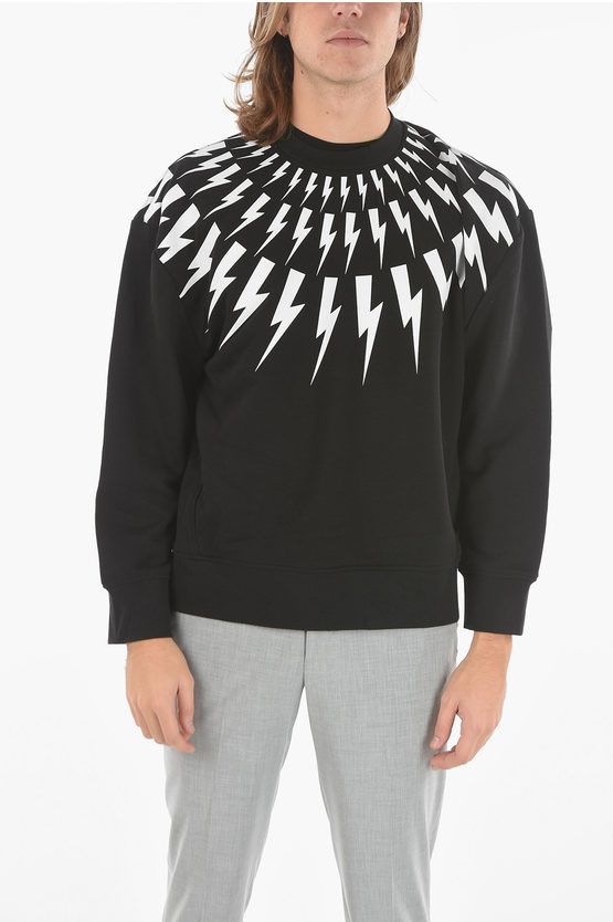 image of Neil Barrett Brushed Cotton Fair-Isle Thunderbolt Crewneck Sweatshirt Wit in Black, Men's (Size 2XL