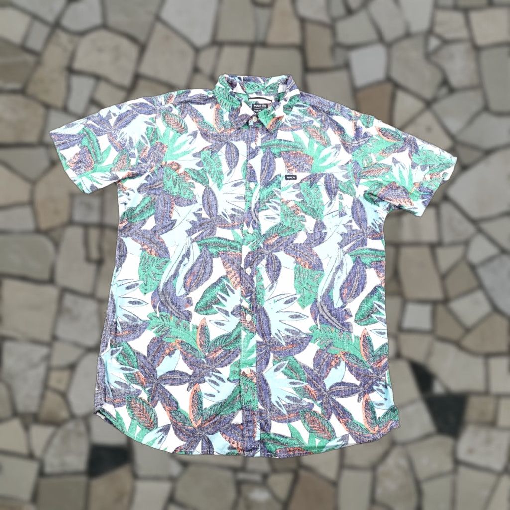 RVCA VINTAGE RVCA Shirt Mens Large White/Green/Blue Hawaiian Reverse Print Jungle Aloha Surf Size US L / EU 52-54 / 3 - 1 Thumbnail