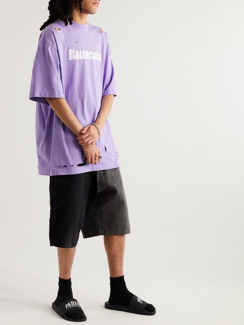 Balenciaga Balenciaga Purple Distressed Logo Tee Size US XXL / EU 58 / 5 - 5 Thumbnail