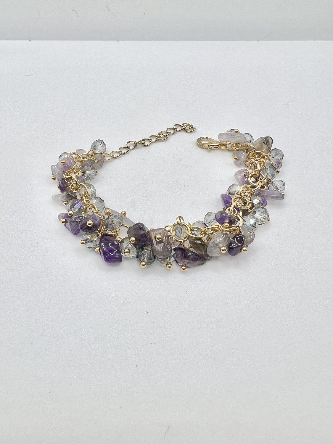 Handmade Amethyst and Crystal Beads Gold Chain Bracelet Size ONE SIZE - 2 Thumbnail