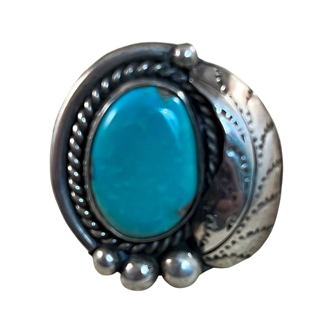 image of Navajo Vintage Turquoise Sterling Silver Native American Ring 7.5 in Blue, Women's