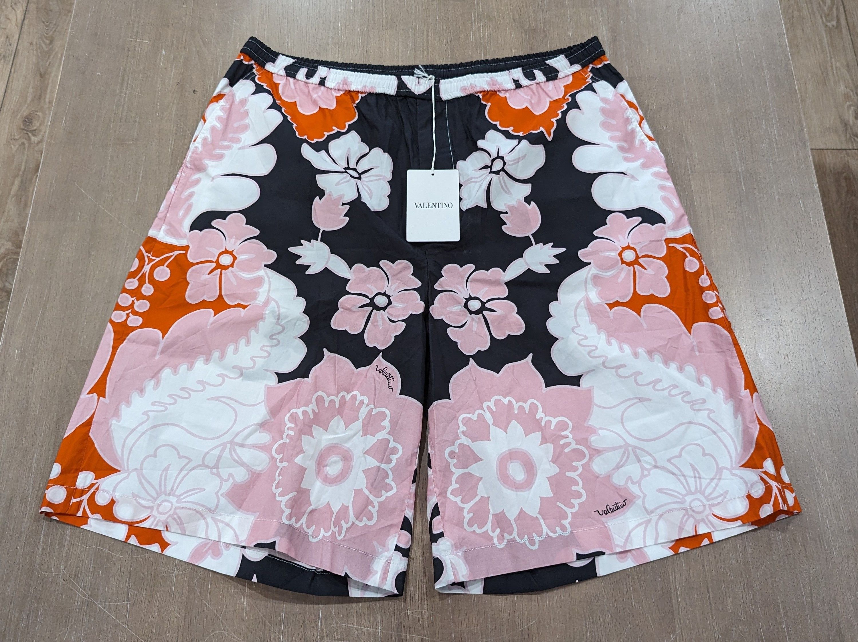 image of Valentino Floral Print Cotton Shorts Black/rose 52 Us 36, Men's