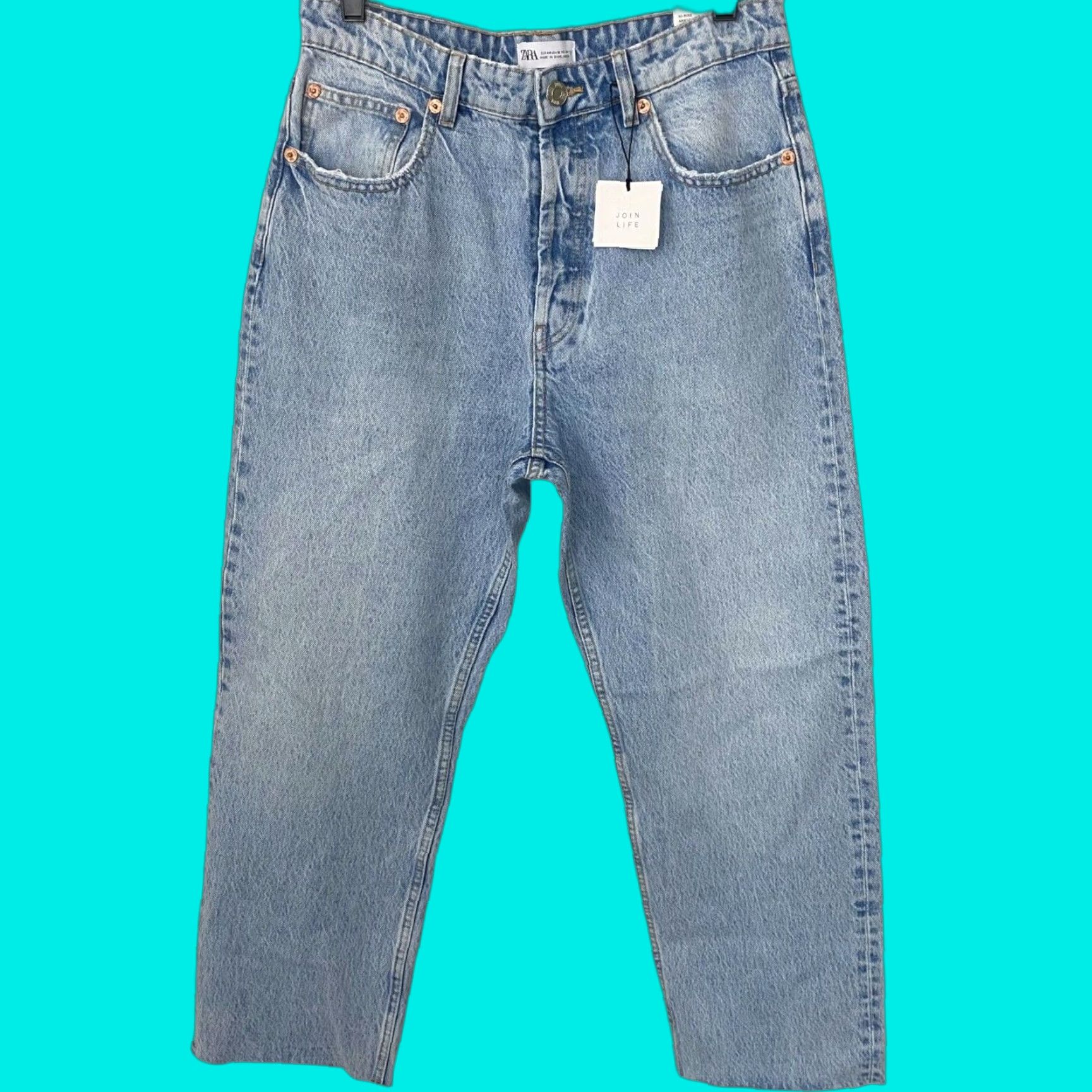 Zara ZARA High-Waisted Denim Jeans Blue Womens Size 12 Straight-Leg Raw-Hem New Size 34" / US 12 / IT 48 - 1 Thumbnail