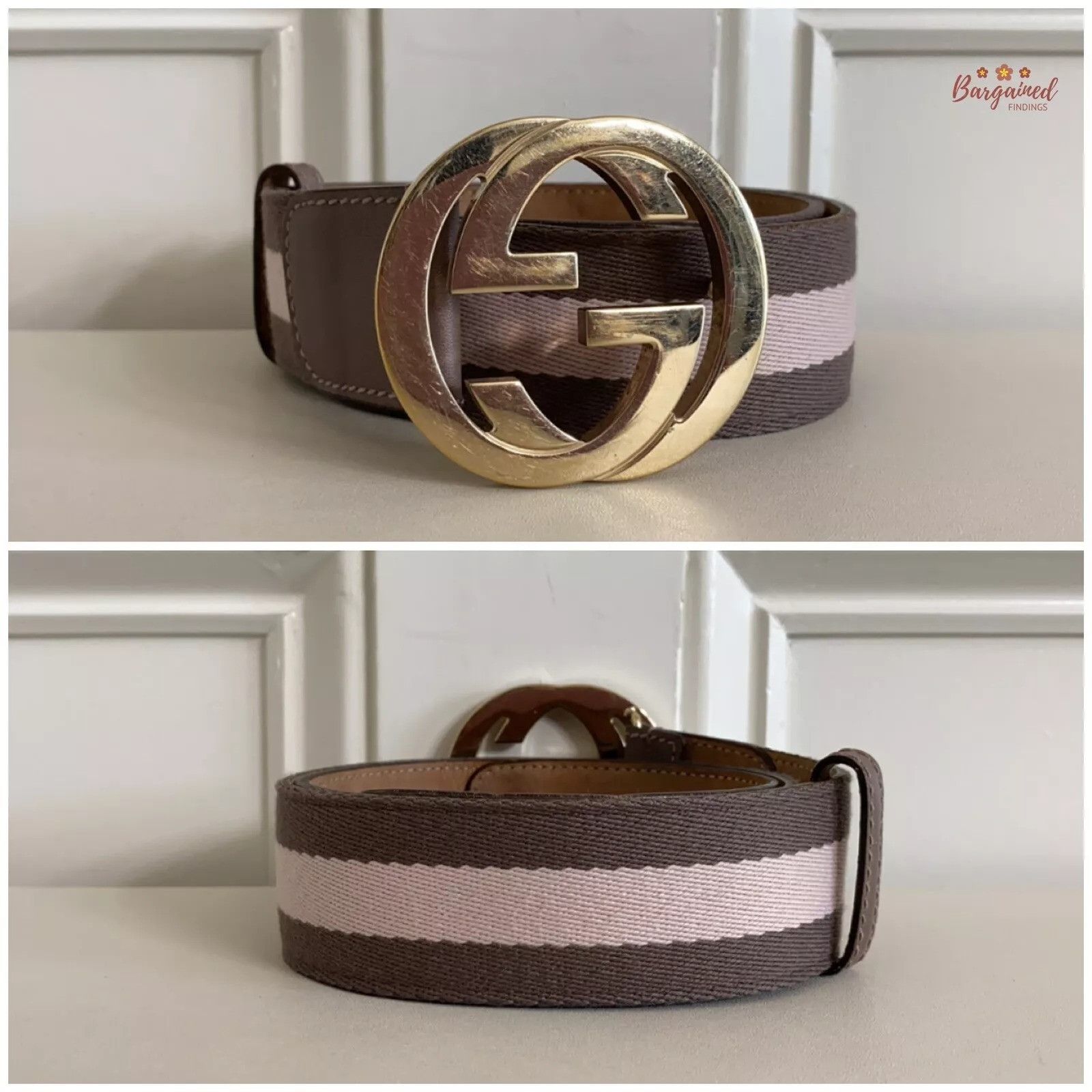 Gucci Gucci Taupe/Pink Web Leather Gold Interlocking G Buckle Belt Size 28 - 9 Thumbnail
