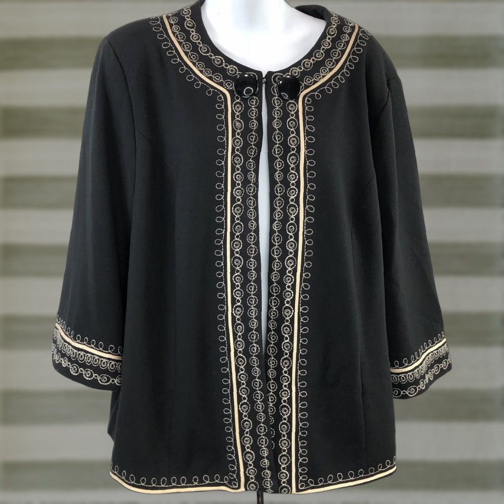 Vintage Lily Stanhope 1X Blk Gold Embroidered 3/4 Sleeve Jacket Wool? No, Poly Rayon Blend | Victorian Kimono Style City Coquette Size XL / US 12-14 / IT 48-50 - 1 Thumbnail