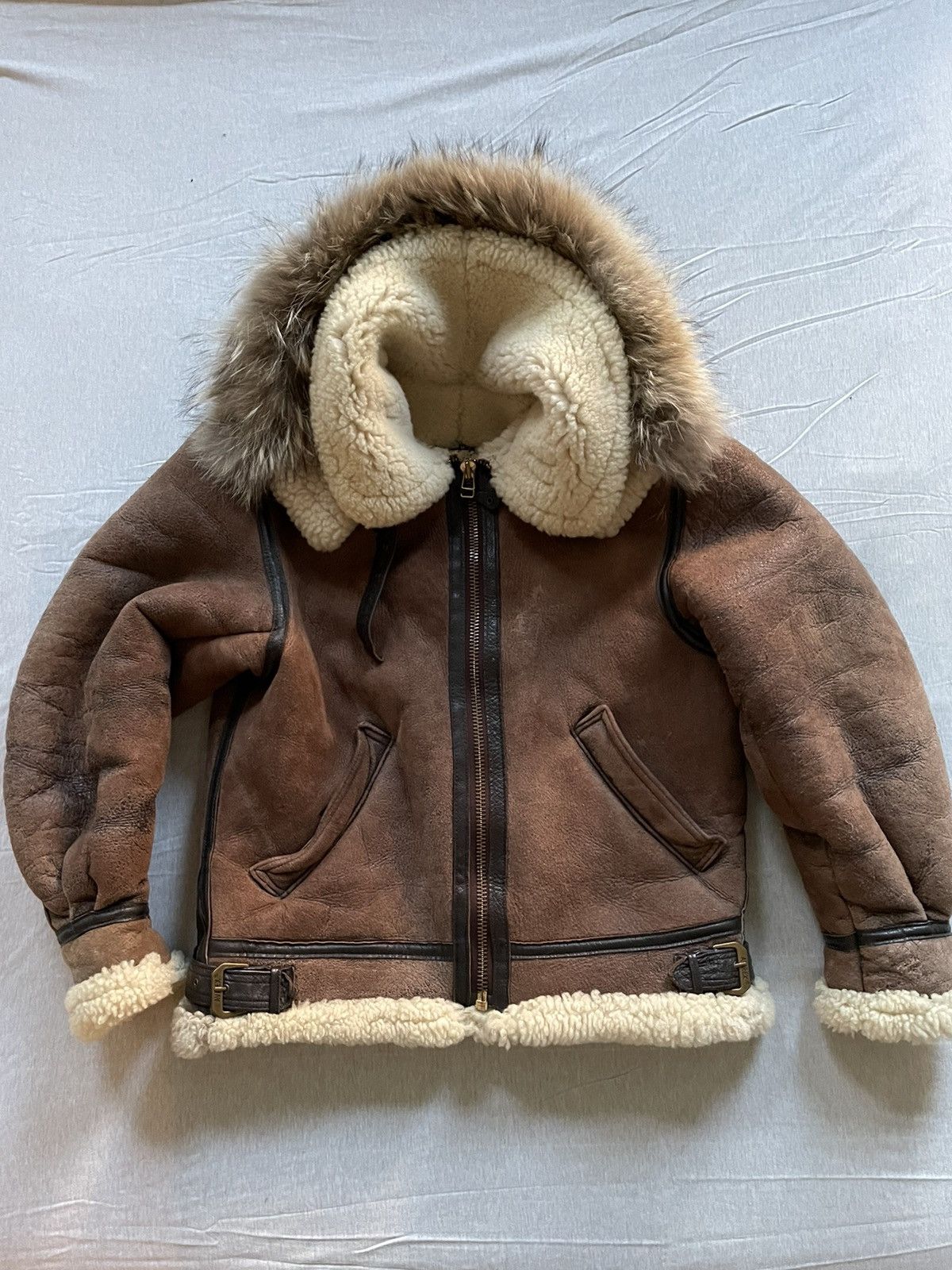 image of Avirex B3 Sheepskin Flight Jacket With Fox Fur-Lined Hood in Leather, Men's (Size Small)