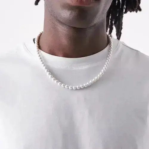 Vintage Pearl Necklace Casual Chain Jewelry Classic Imitation Bead in White, Men's