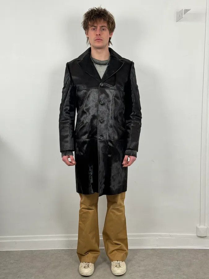 Vintage 2000s Italian Black Leather Pony Hair Long Jacket Size US M / EU 48-50 / 2 - 2 Thumbnail