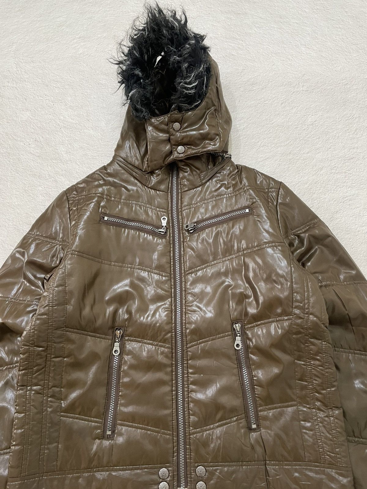 14th Addiction 2000s Japanese Brown Faux Leather Puffer Jacket Fur Hood Y2K Size US M / EU 48-50 / 2 - 2 Thumbnail
