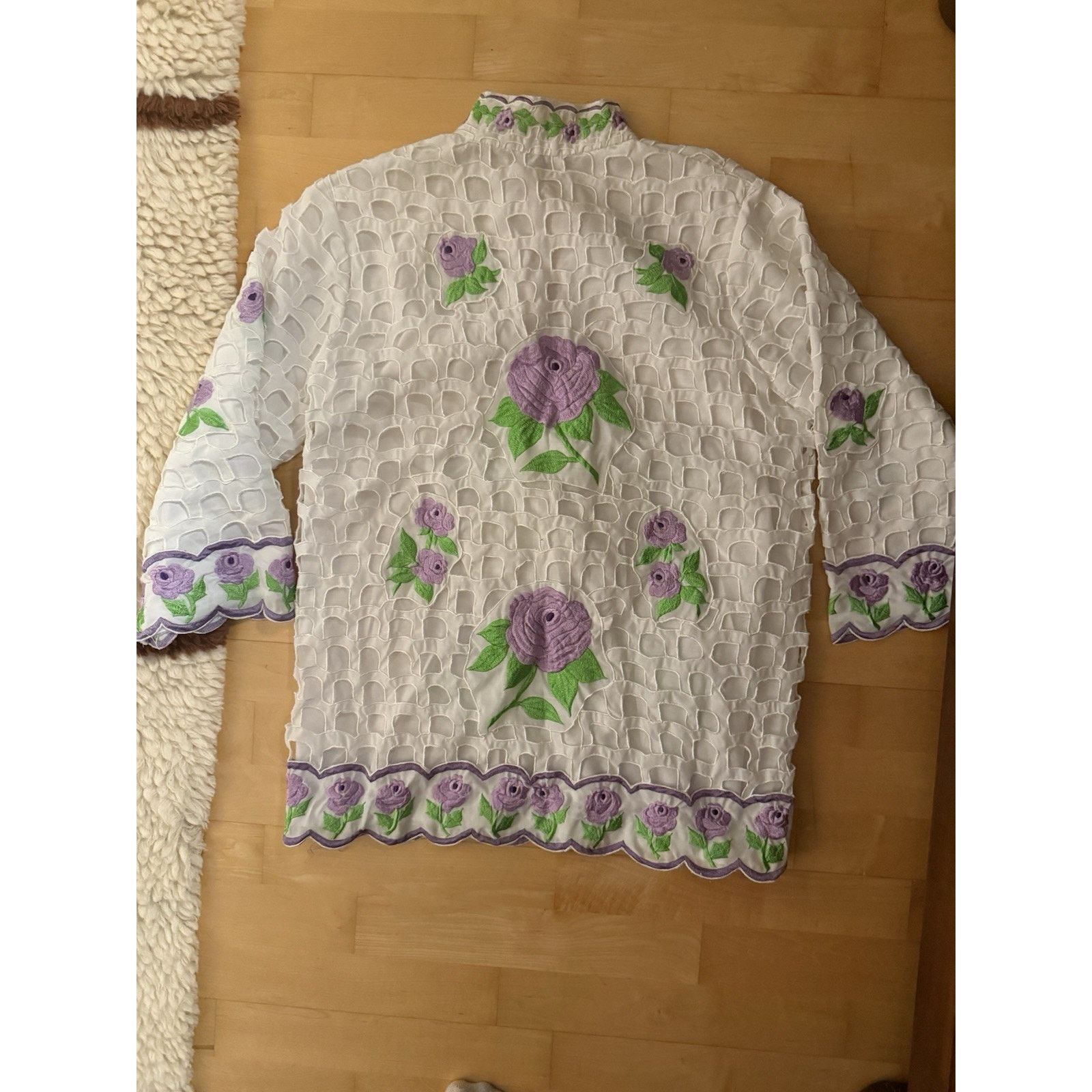 Vintage VTG Foreign Look White Scallop Purple Flower Shirt Mandarin Size XL / US 12-14 / IT 48-50 - 5 Thumbnail