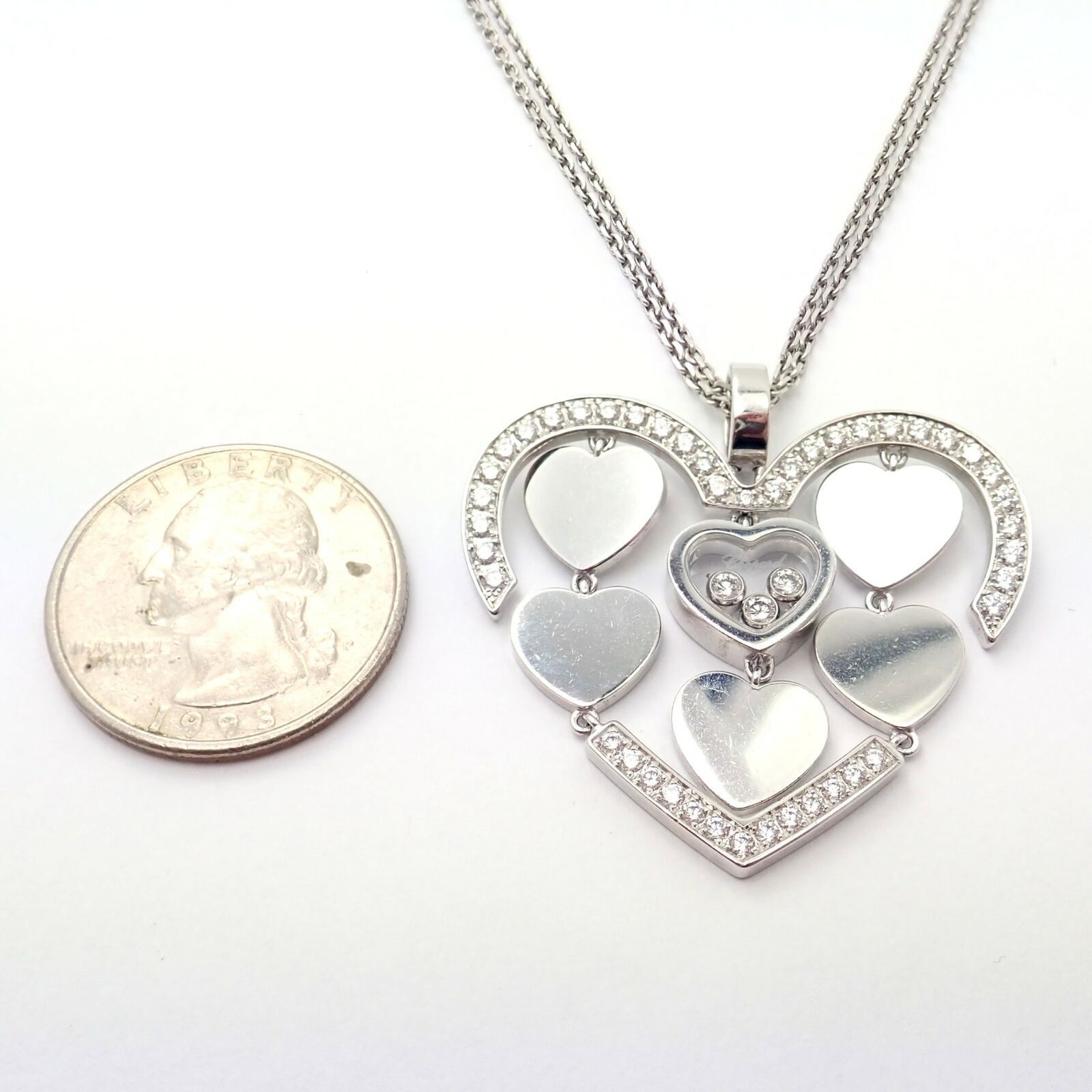 18k White Gold Large Double Happy Hearts Diamond Necklace
