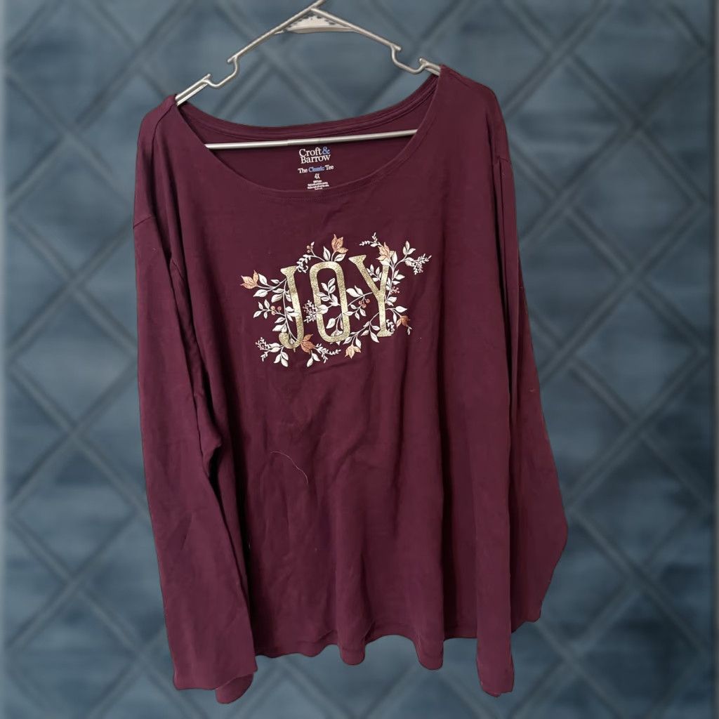 Croft & Barrow Croft & Barrow Holiday Shirt 4X Plum Joy Classic Tee Long Sleeve Glitter Rhinestone Round Neck Pullover Size XXL / US 16-18 / IT 52-54 - 1 Thumbnail