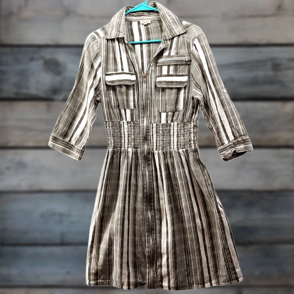 Vintage Kings Road Cotton Shirt Dress Womens L 3/4 Sleeve Brown White Striped Zip Shirt Dress Women L Brown White Striped Zip Size L / US 10 / IT 46 - 1 Thumbnail
