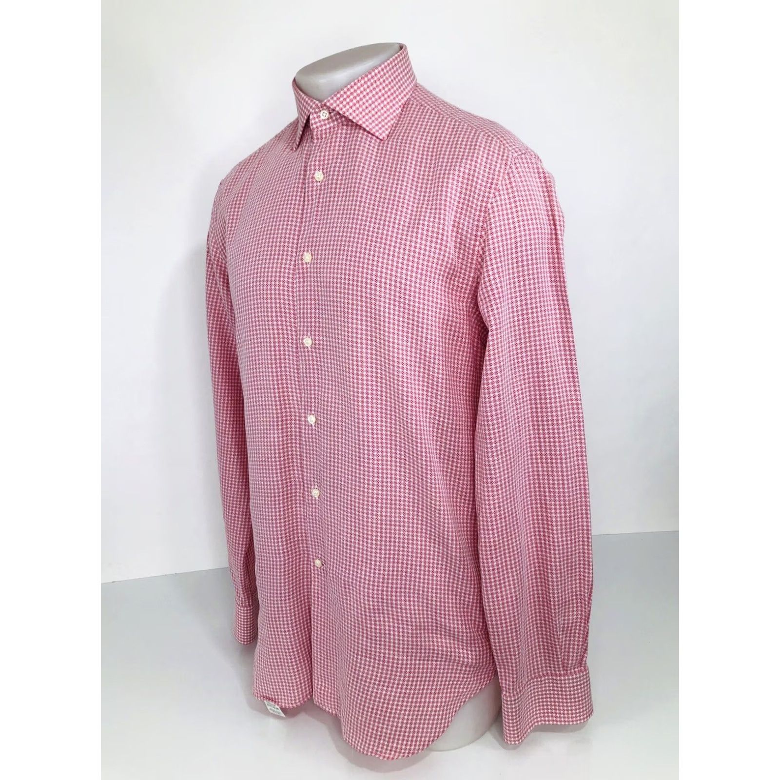 Vintage BOGGI Milano - Slim Fit Mens 42/16.5 Plaid Checked Slightly Textured Shirt - Red/Pink/White Size US L / EU 52-54 / 3 - 2 Thumbnail