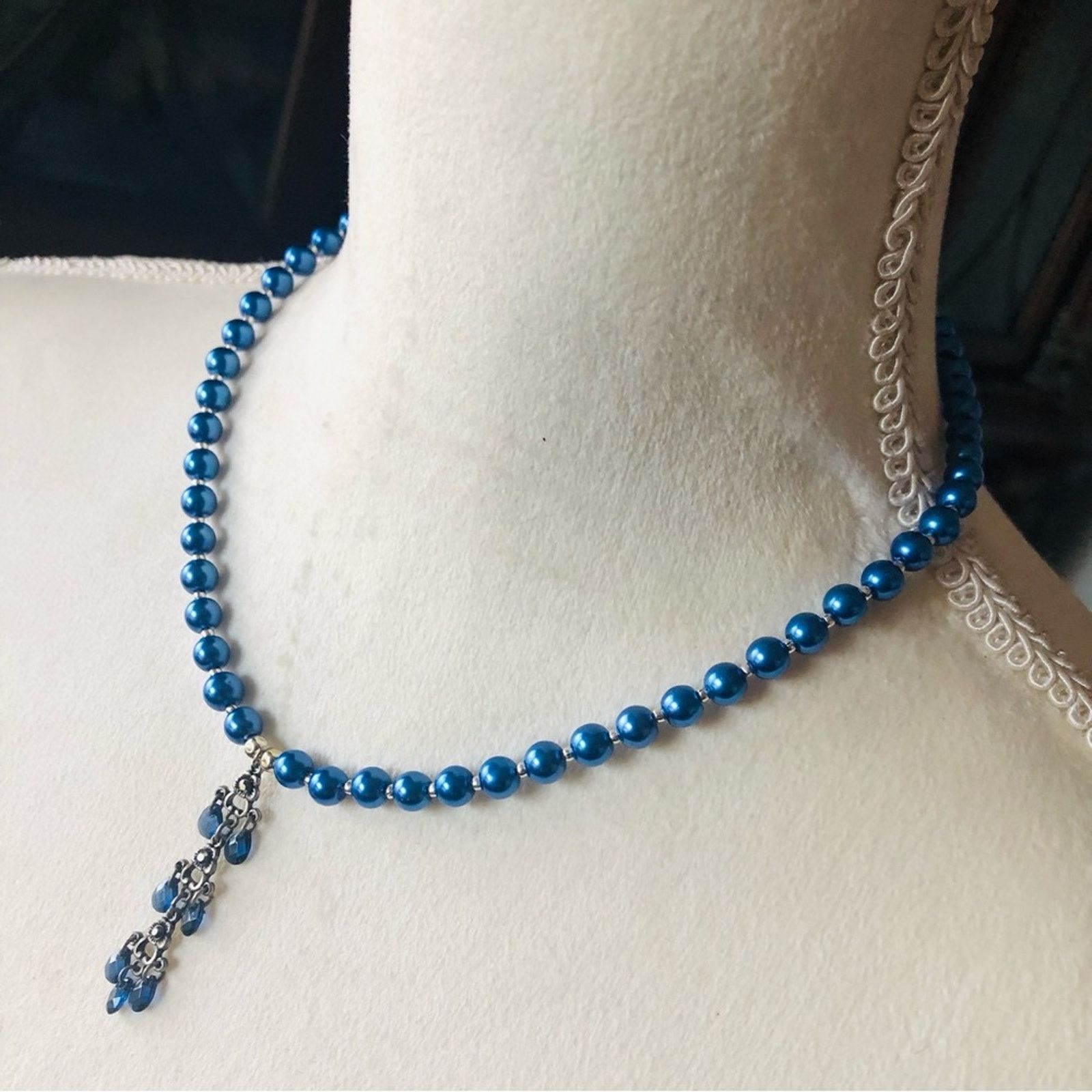 Handmade Handcrafted repurpose blue crystal chandelier Pearl necklace Size ONE SIZE - 4 Thumbnail