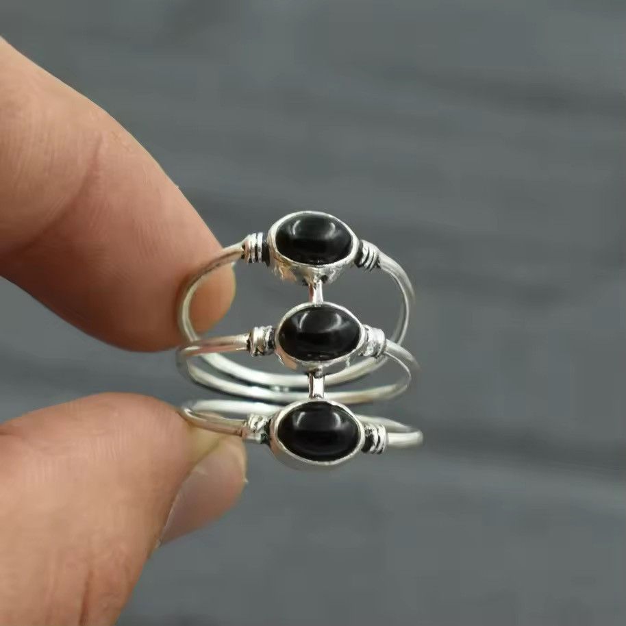 Jewelry three-layer oval black agate ring (size 6-10) Size ONE SIZE - 2 Thumbnail