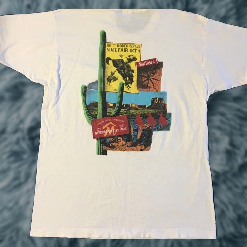 Marlboro VINTAGE Marlboro Shirt XL White 90s Cowboy Rodeo T-Shirt Men Short Sleeve USA 80s Grunge Biker Rock Smoke Retro Camels Single Stitch Size US XL / EU 56 / 4 - 1 Thumbnail