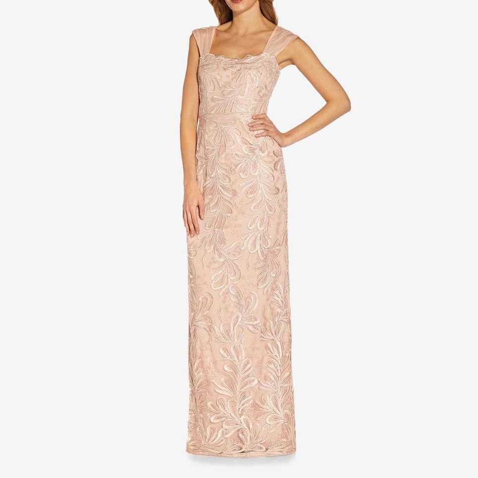image of Adrianna Papell Ribbon Embroidered Long Column Gown In Blush in Pink, Women's (Size Small)
