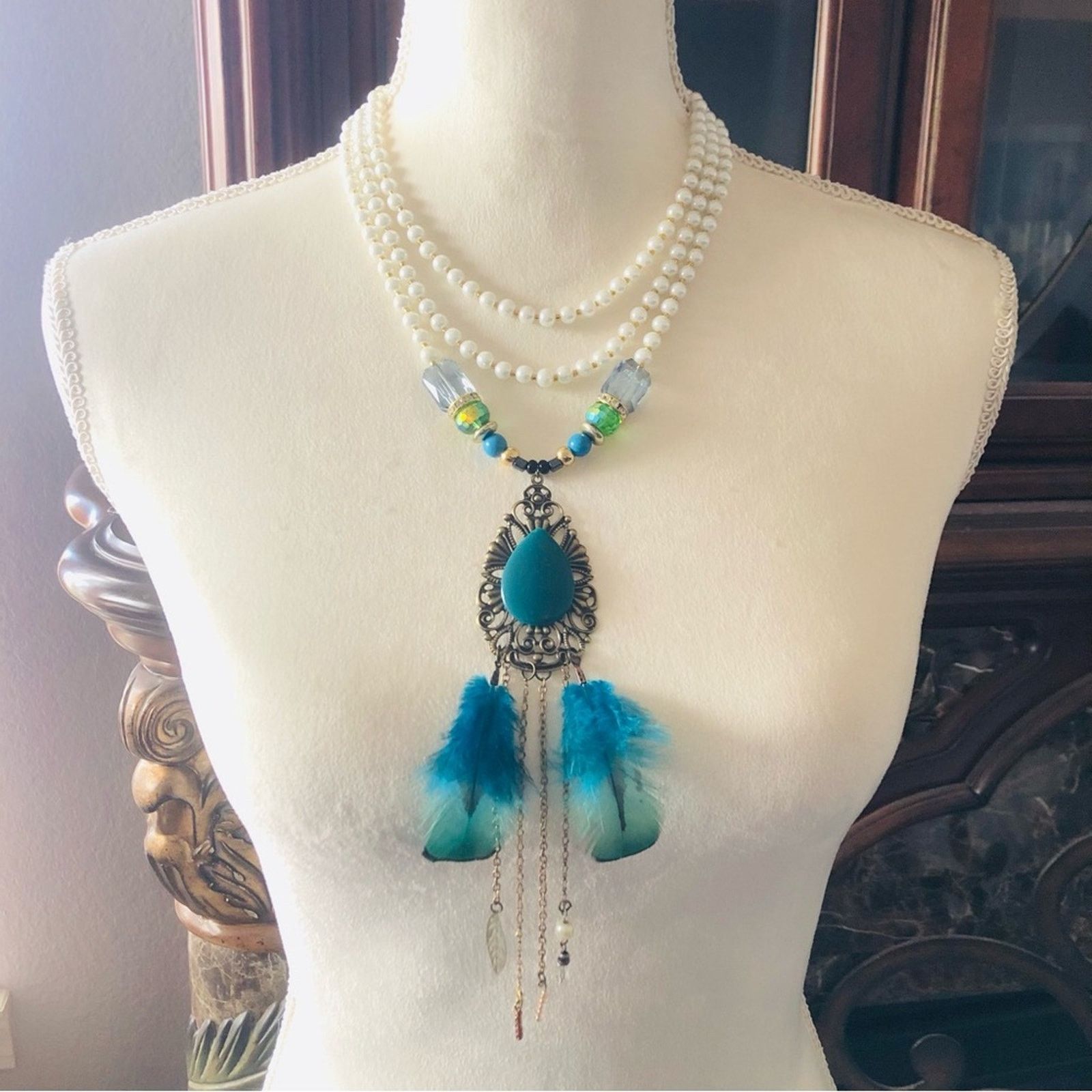 Handmade Handcrafted filigree teardrop Pearl genuine emerald neckla Size ONE SIZE - 2 Thumbnail