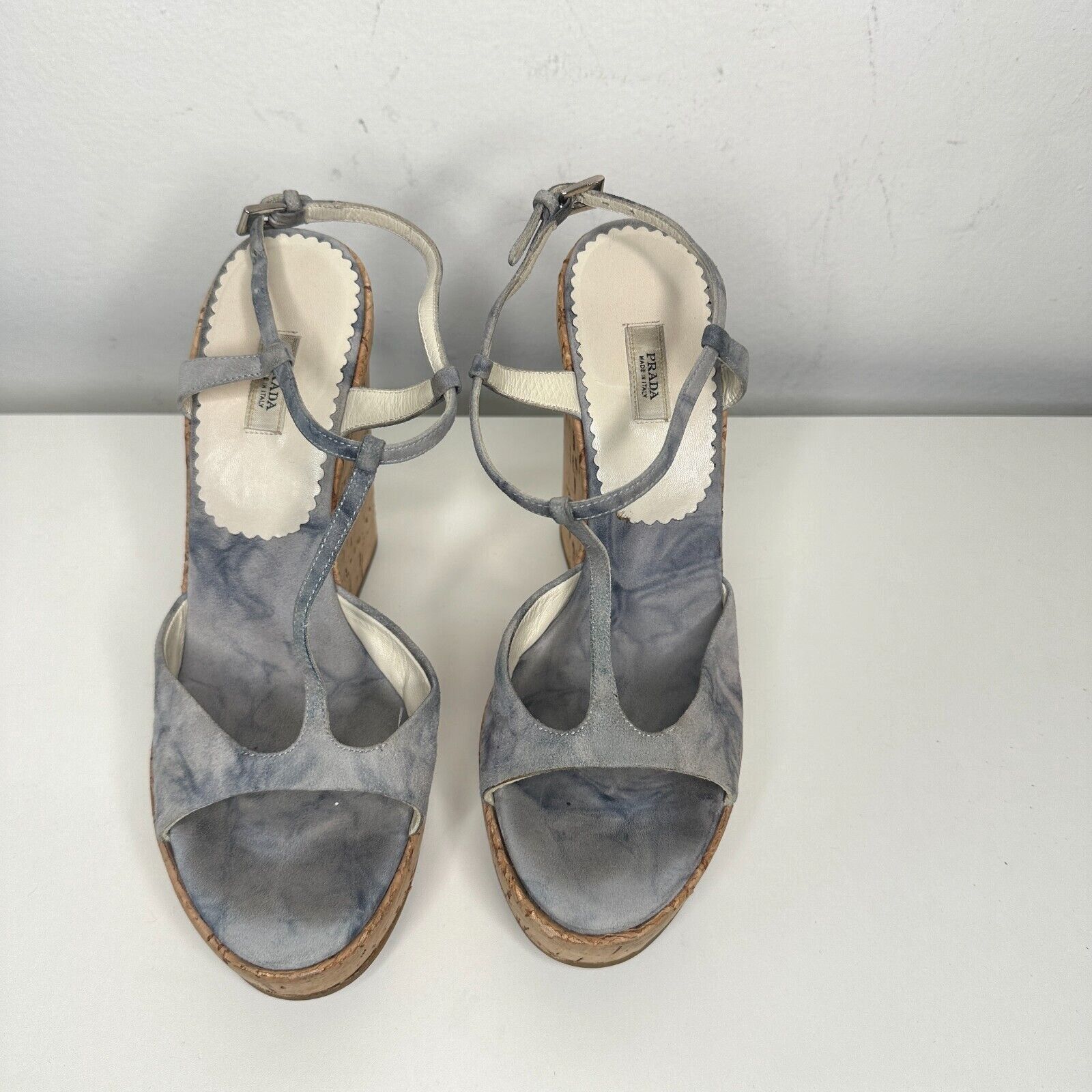Prada Prada Blue Suede Tan Cork Wedge Sandals Ankle Espadrilles 38 Size US 8 / IT 38 - 2 Thumbnail