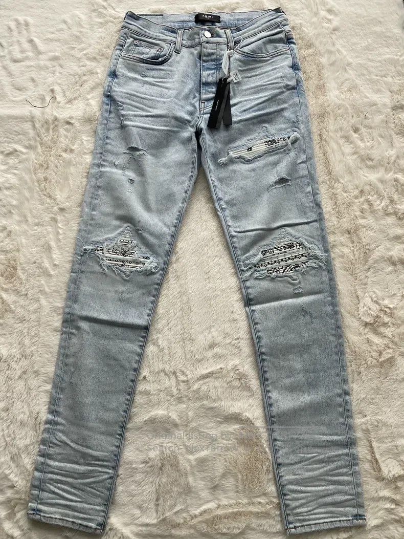 Amiri Amiri Size 33 Washed blue and white cashew flower patchwork Size US 33 - 1 Thumbnail