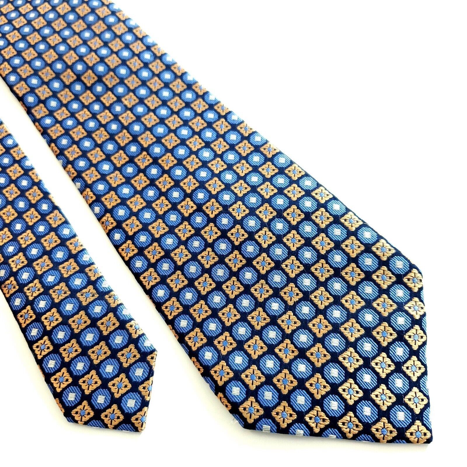 Egara Egara Tan Blue Woven Geomeric Floral Silk Tie Size ONE SIZE - 1 Thumbnail