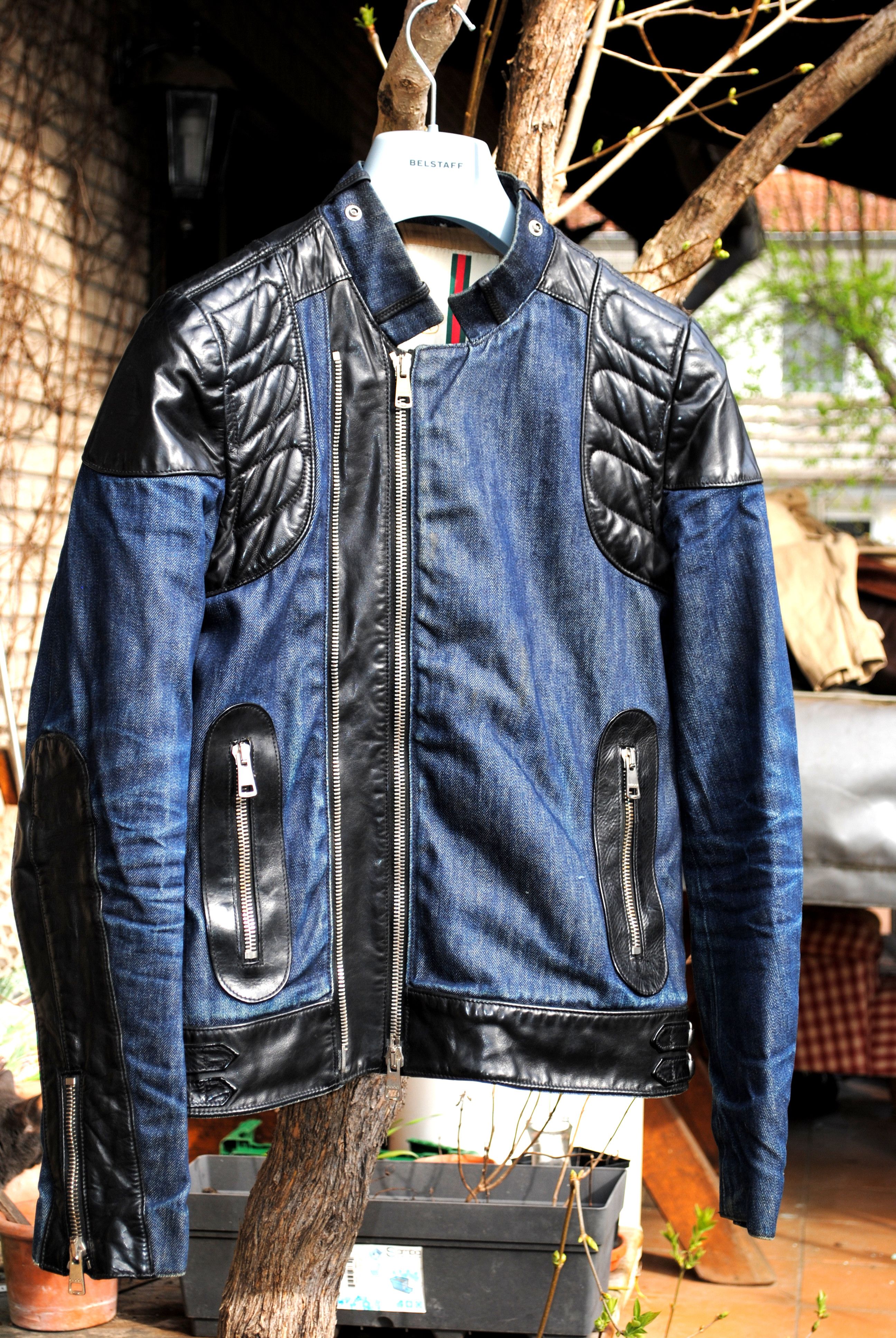 image of Gucci 2009 Hybrid Leather & Denim Biker Riders Jacket, Men's (Size Small)