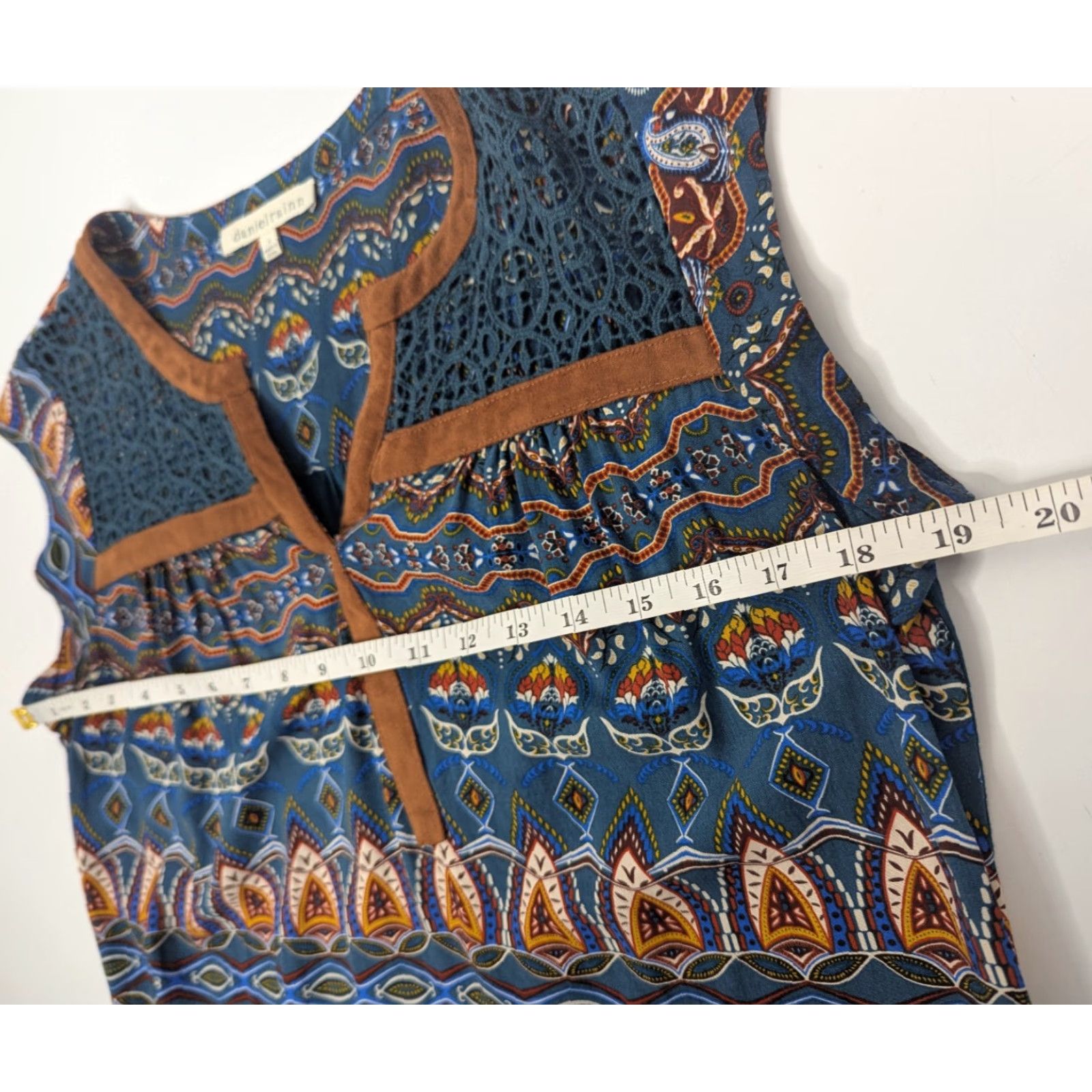 YOKE Daniel Rainn Geometric Sleeveless Blouse Top Coquette Lace Yoke Blue M Medium Style Basic Shirt Women Size M / US 6-8 / IT 42-44 - 4 Thumbnail