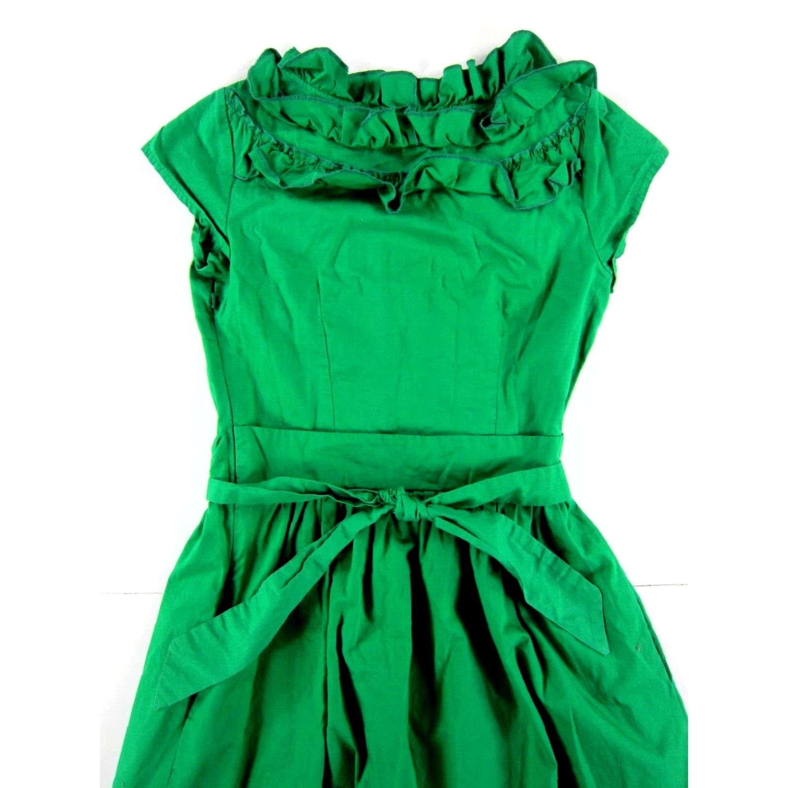 Vintage eShakti Dress Green 100% Cotton Ruffle Neck Pocket Cap Sleeve Tie Sheath M/8 Size M / US 6-8 / IT 42-44 - 5 Thumbnail