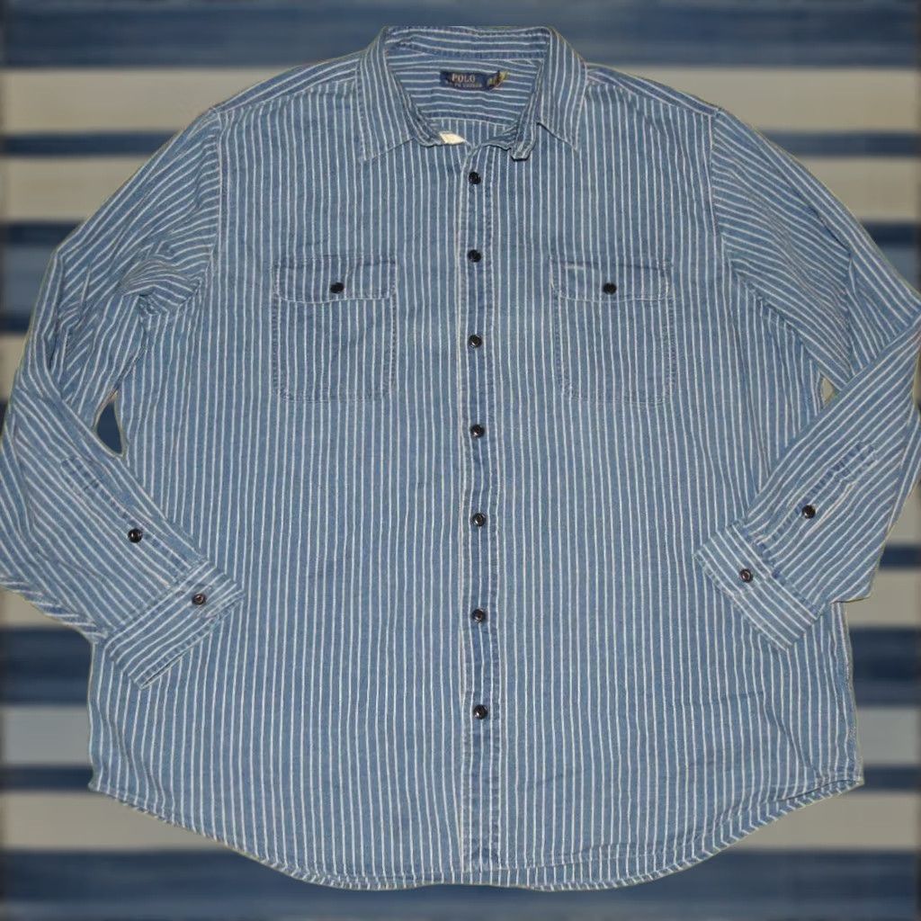 Ralph Lauren Polo RALPH LAUREN Indigo Railroad Hickory Striped Engineer Button Down Shirt 2XB Mens Long Sleeve Regular XS-XL 2XB? Size US XXL / EU 58 / 5 - 1 Thumbnail