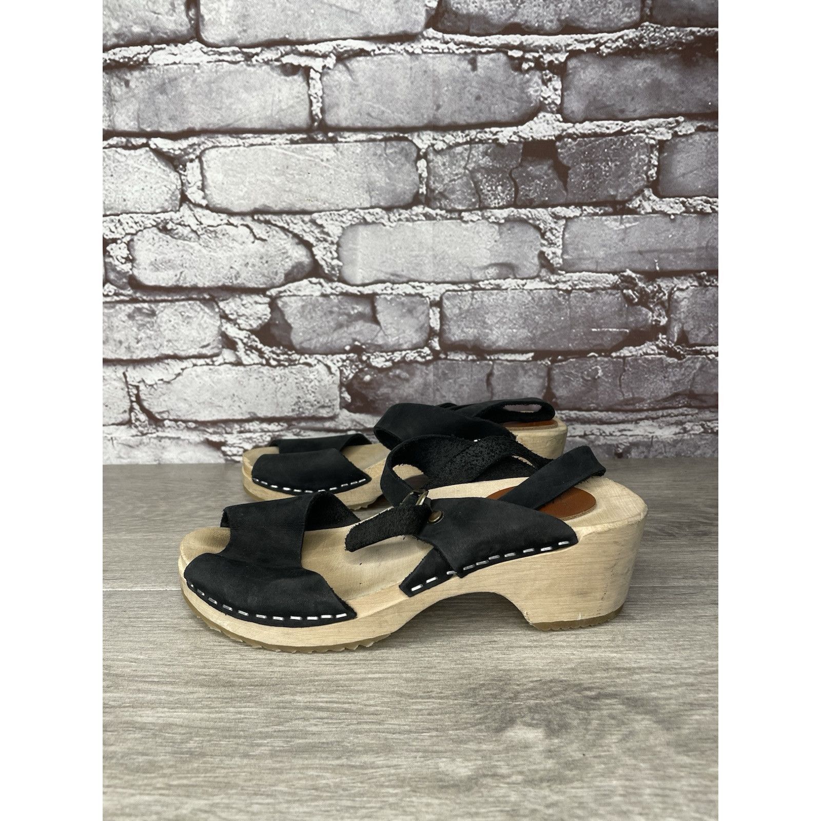 Other Mabo Black Leather Peep Toe Strap Sweden Clogs Heel Sandals Size US 4 / IT 34 - 5 Thumbnail
