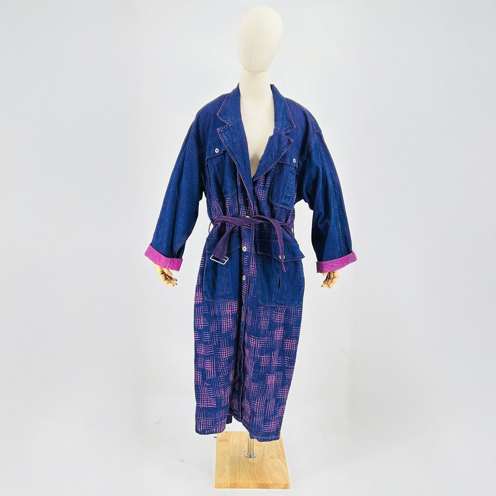 Vintage 80s Cotton Purple Blue Abstract Belted Denim Duster Coat Size M / US 6-8 / IT 42-44 - 1 Thumbnail