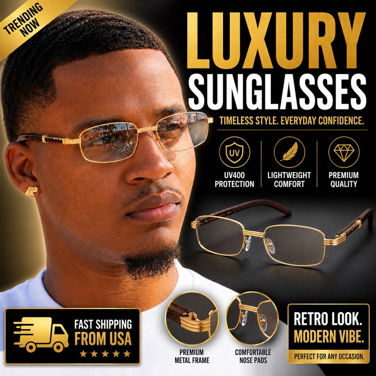 Other Mens Hip Hop 18k Gold Frame Rectangle Clear Lens Wood Grain Size ONE SIZE - 5 Thumbnail