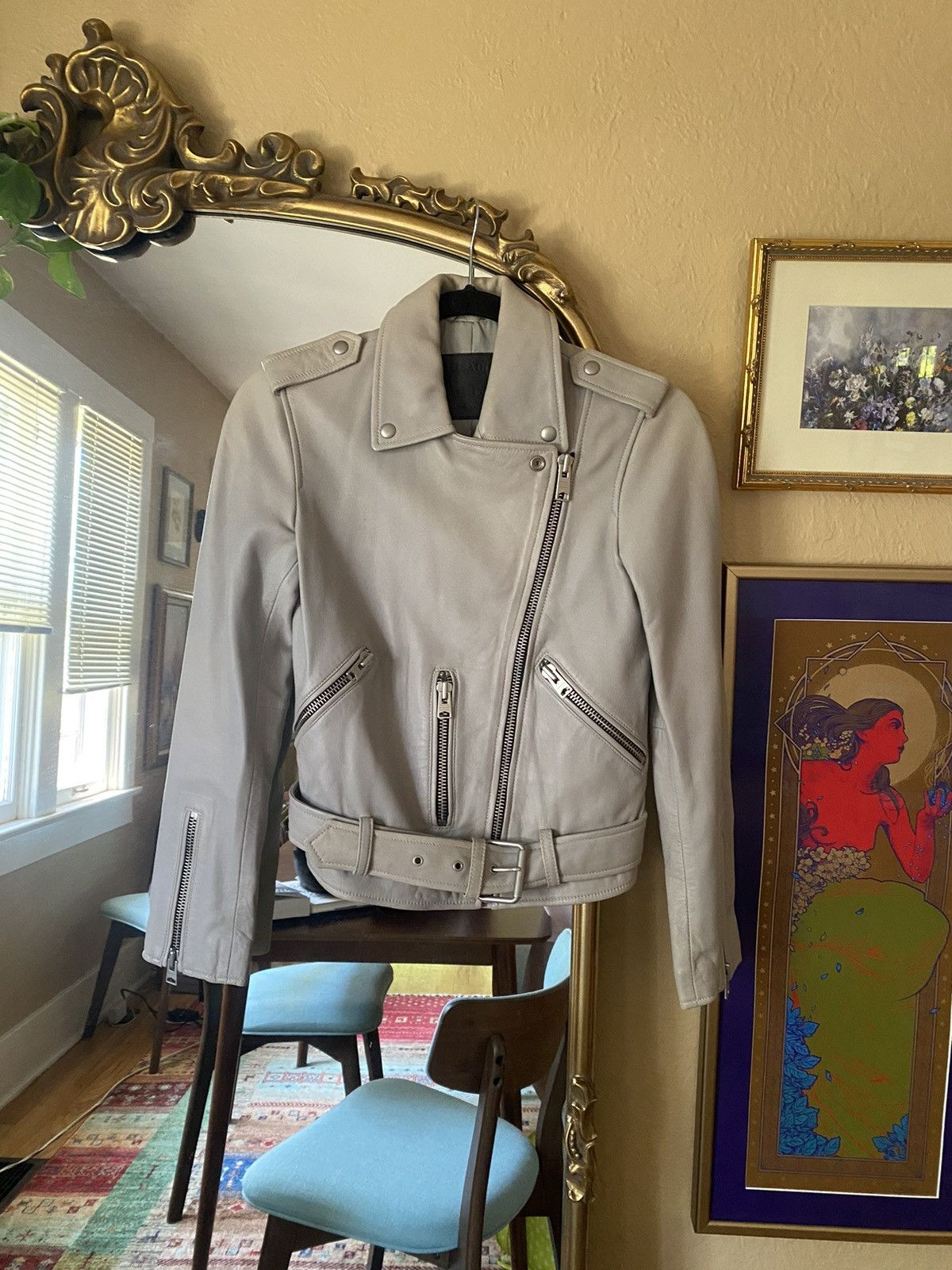 Allsaints AllSaints Balfern Moto Biker Leather Jacket Grey Size XS / US 0-2 / IT 36-38 - 7 Thumbnail