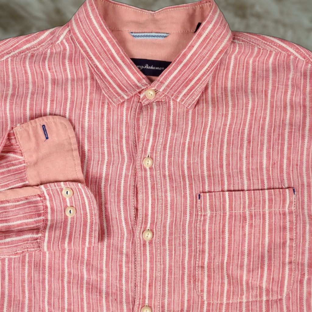 Tommy Bahama Tommy Bahama Shirt Mens Large Pink Striped Linen Button-Up Long Sleeve Size US L / EU 52-54 / 3 - 1 Thumbnail