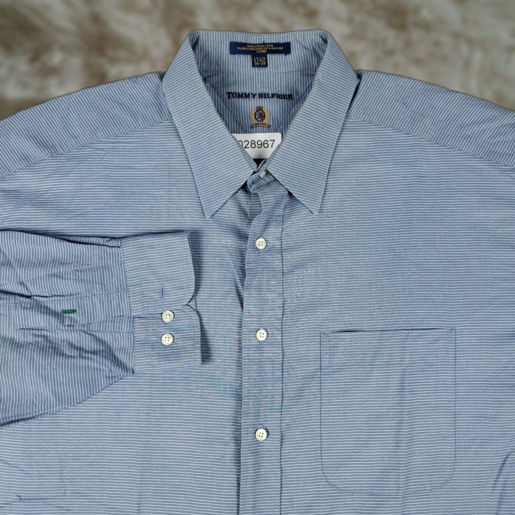 Tommy Hilfiger Tommy Hilfiger Dress Shirt Mens 17.5 Blue Striped Button Up Long Sleeve Formal Casual Classic Office 100% Cotton Regular Size 17.5 Mens Shirt Size 46R - 1 Thumbnail