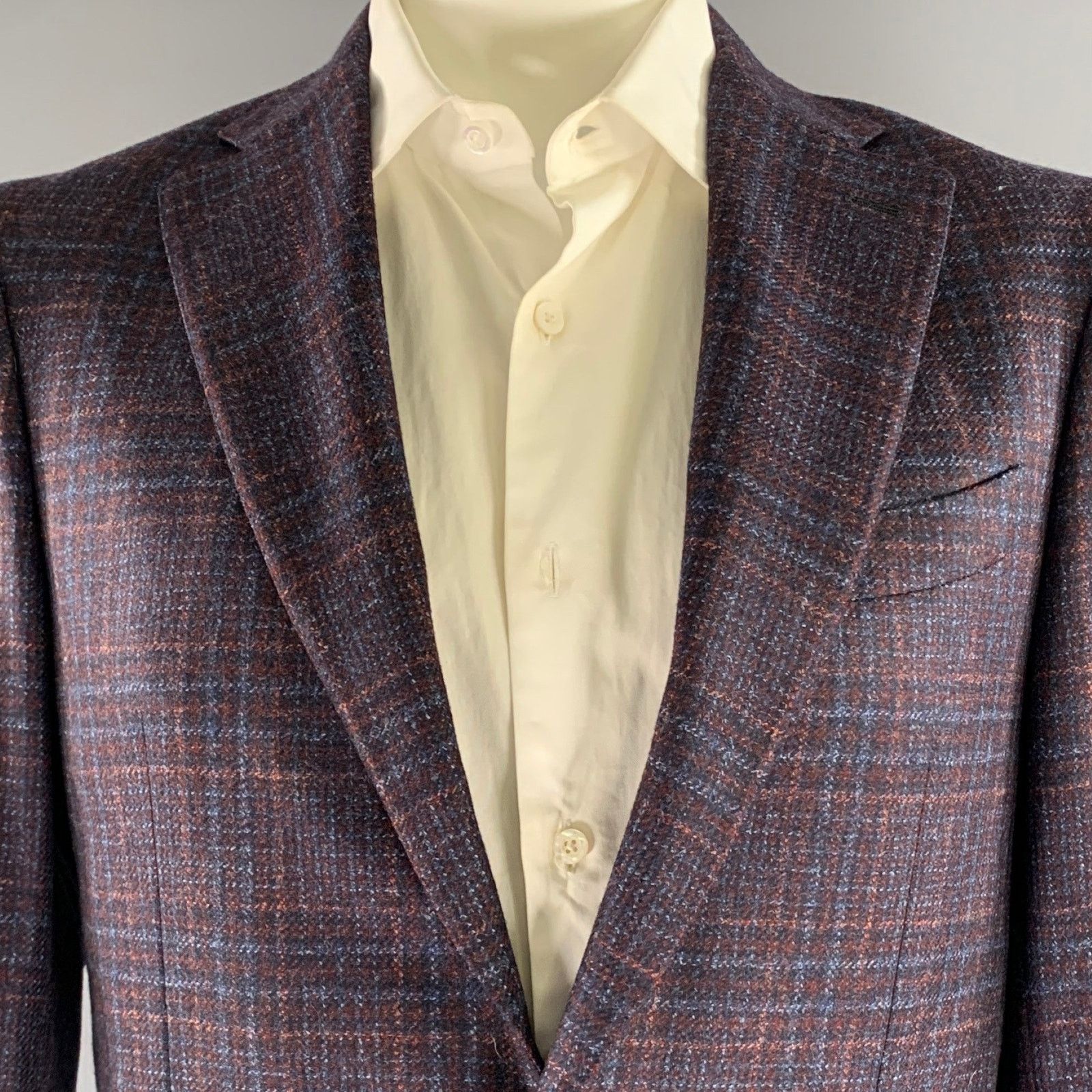 Canali CANALI Size 42 Navy Brown Plaid Wool Notch Lapel Sport Coat Size 42R - 2 Thumbnail