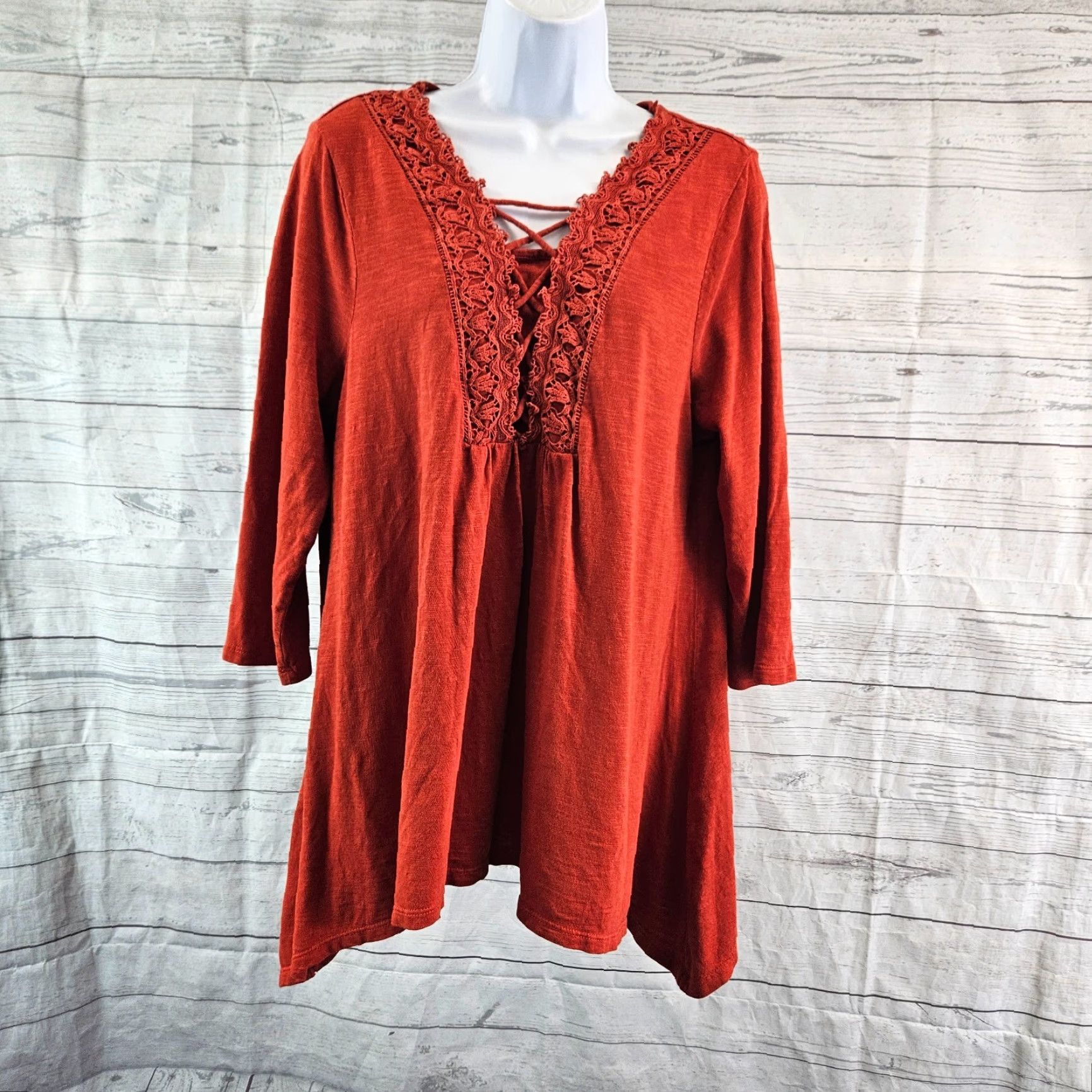 Vintage Chico's Women's Top Shirt L Red 3/4 Sleeve Cotton Blend Crochet Lace Rust Blouse Womens Size L / US 10 / IT 46 - 2 Thumbnail