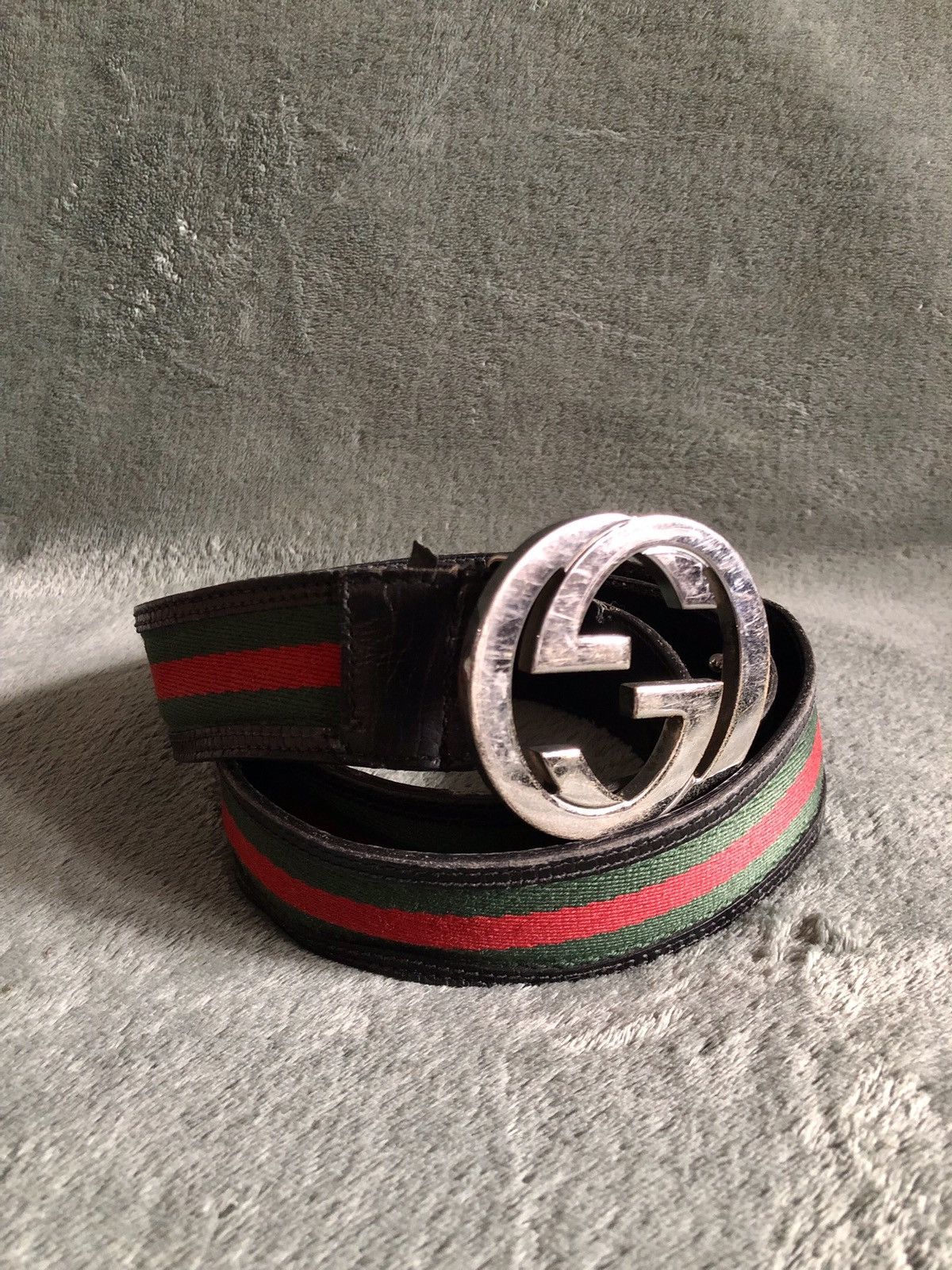 Gucci GUCCI Mens Leather Canvas Strips G Buckle Belt Size 105/42 Size 42 - 1 Thumbnail