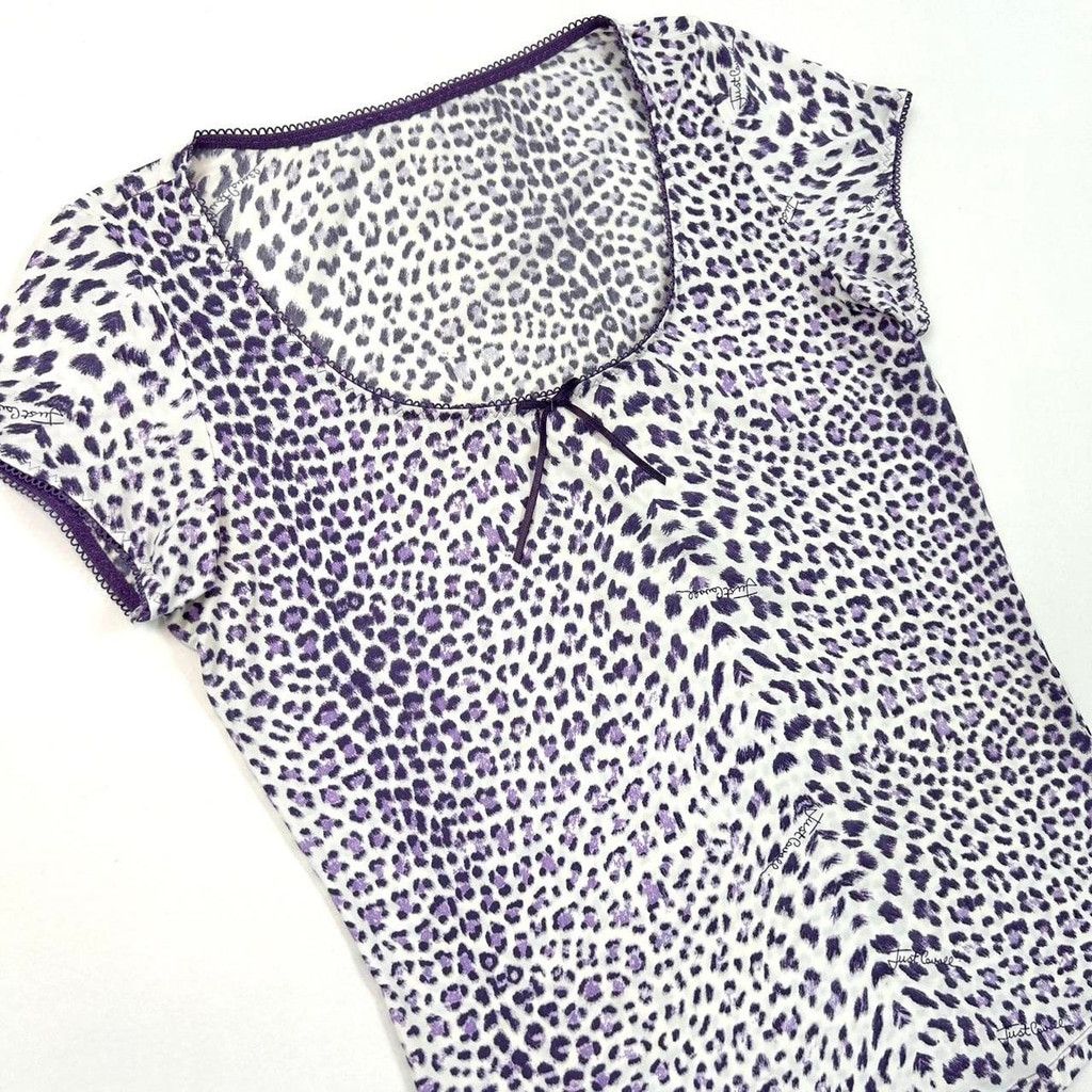 Just Cavalli y2k Cavalli white short sleeve top with purple leopard print Size M / US 6-8 / IT 42-44 - 2 Thumbnail