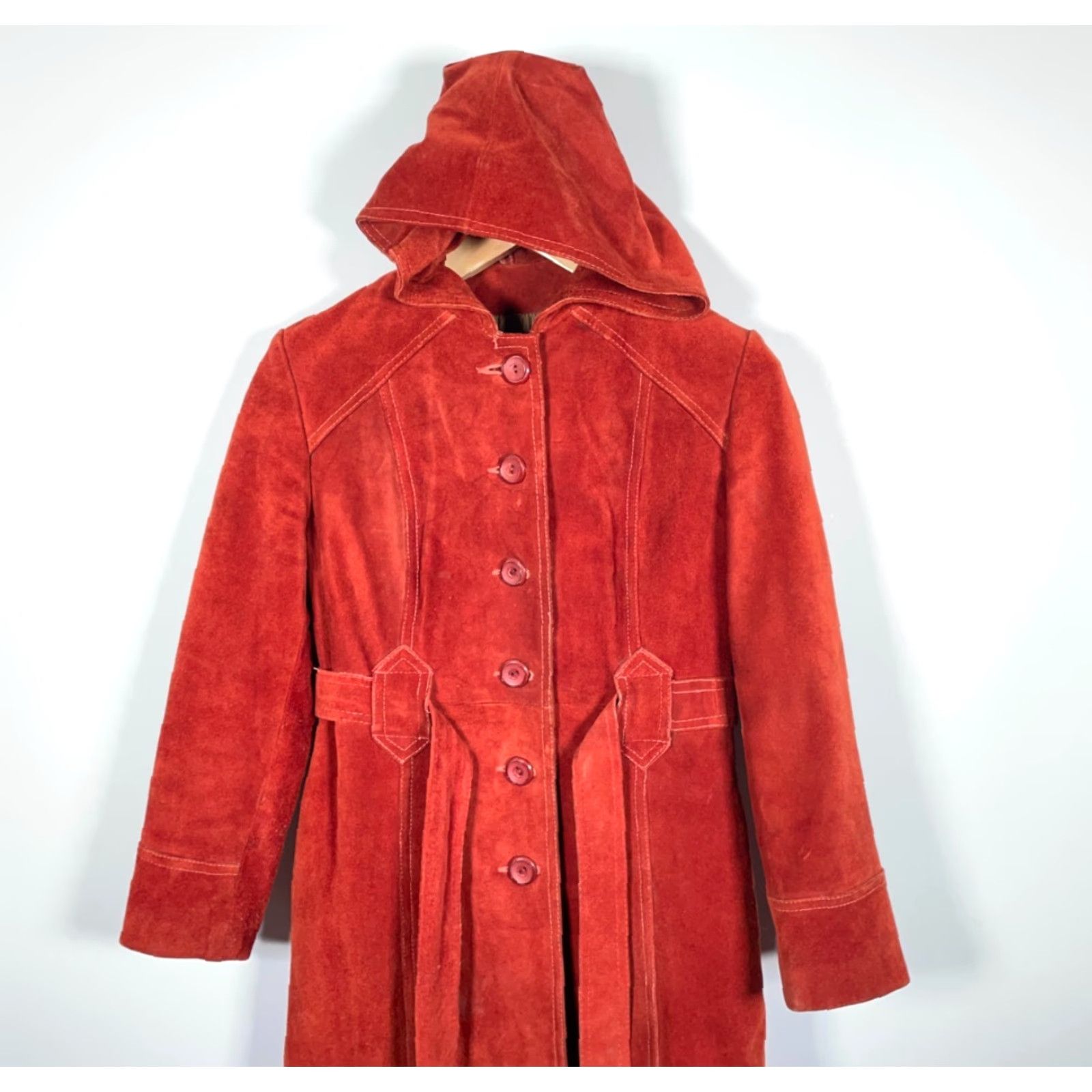 Vintage VINTAGE Burnt Orange Leather Belted Trench Coat Women's 9 / 10 Hooded Casual 70s Long Coat Size L / US 10 / IT 46 - 7 Thumbnail