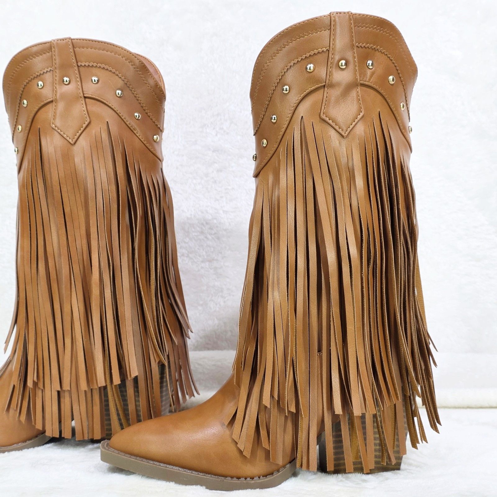 Other Boundary Tan Faux Leather Layered Fringe Country Western Cow Size US 7 / IT 37 - 2 Thumbnail
