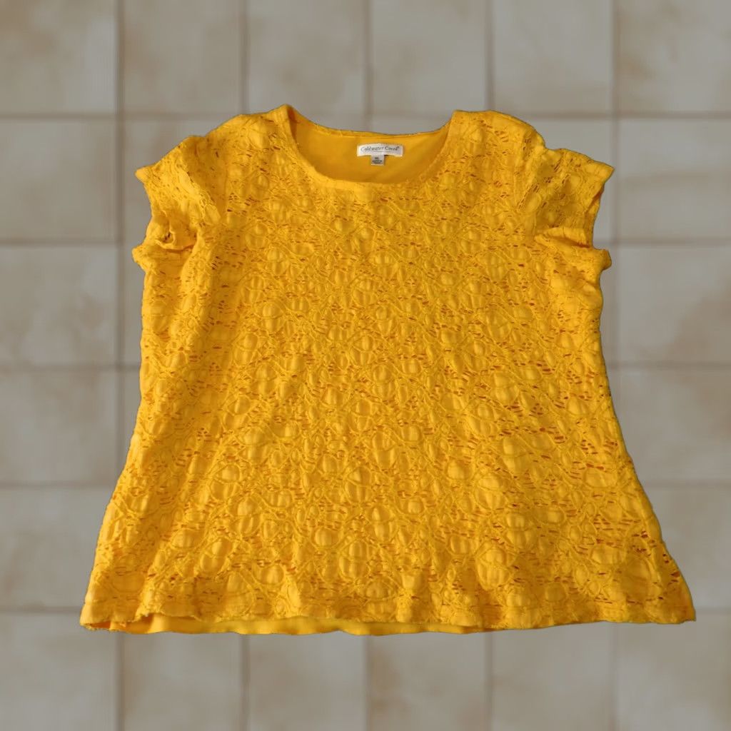 Coldwater Creek Coldwater Creek Blouse XL Womens Yellow Floral Lined Knit Sleeveless Cap Sleeve Ruffle Collared Casual Size XL / US 12-14 / IT 48-50 - 1 Thumbnail
