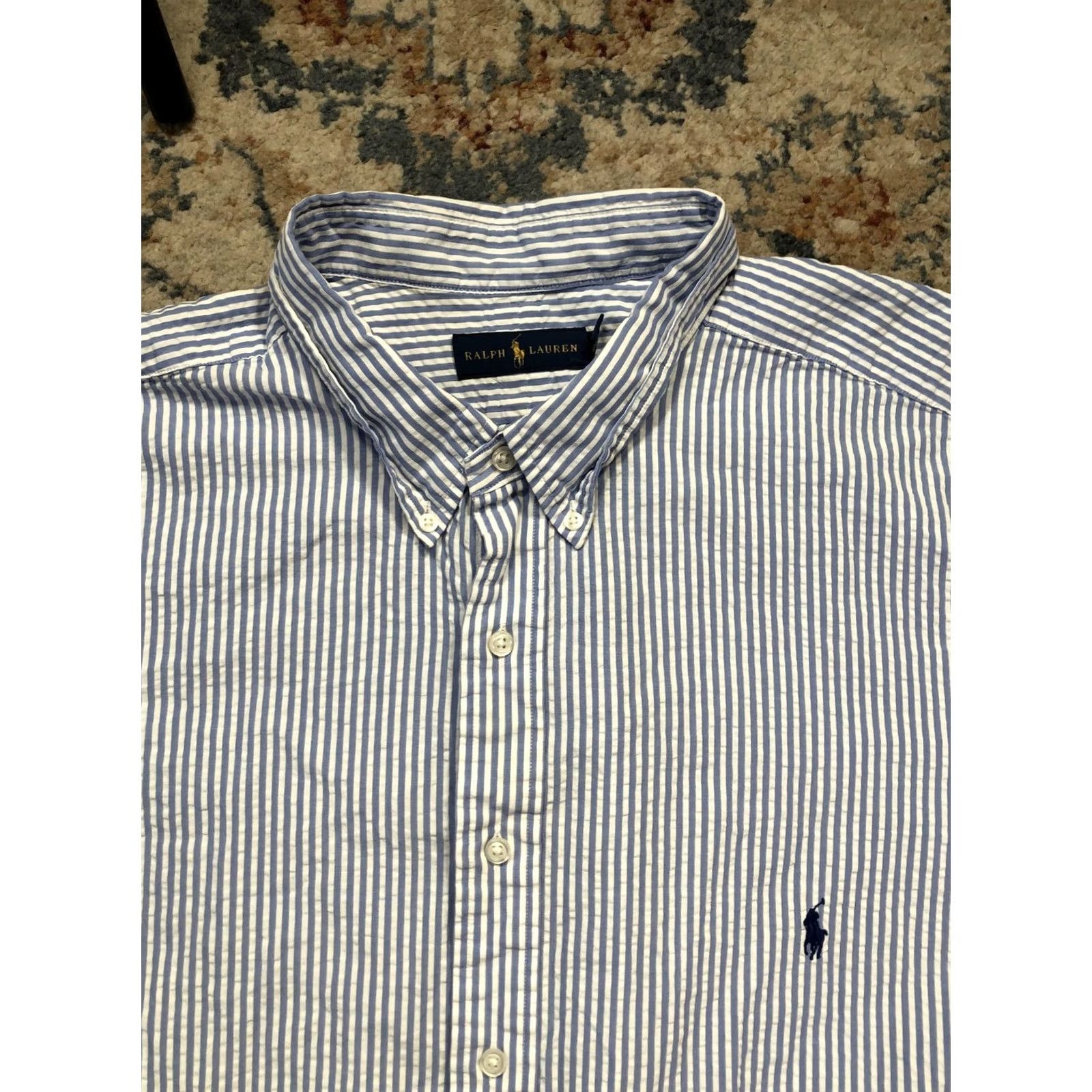 Ralph Lauren VINTAGE Ralph Lauren Shirt Mens Big 3X Blue Stripe Short Sleeve Button-Down Pony Logo Size US XXL / EU 58 / 5 - 2 Thumbnail