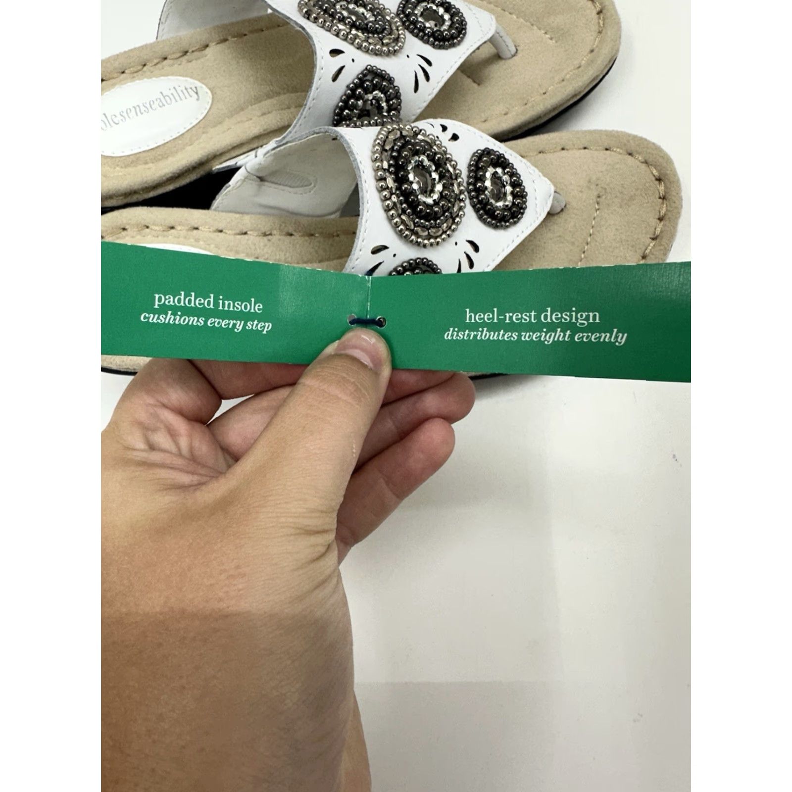 Vintage Solesenseability Womens Sandals Thong Slip-On Leather Beaded White 6.5 Casual Bohemian Shoes Womens In White Sandals Size US 7 / IT 37 - 6 Thumbnail
