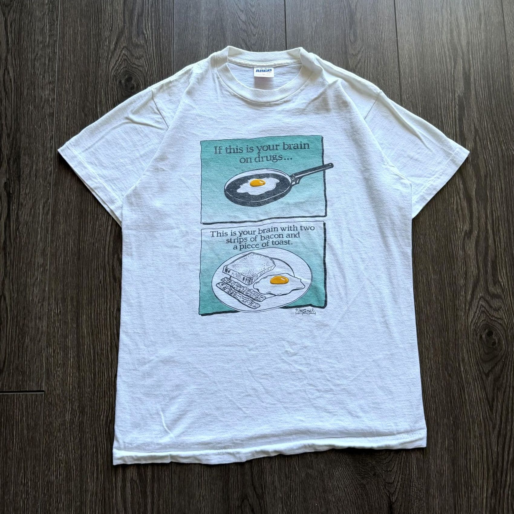 Vintage VINTAGE Argo Sport Mens Medium White Brain On Drugs Eggs Graphic Tee Shirt Size US M / EU 48-50 / 2 - 4 Thumbnail