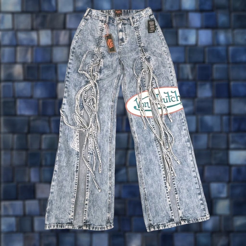 Von Dutch VINTAGE? No. Von Dutch Tie Front Wide Leg Jeans Womens 7 Light Wash Denim Patch Logo Y2K New Size 28" / US 6 / IT 42 - 1 Thumbnail