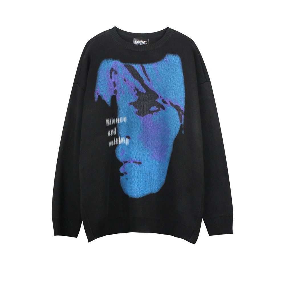 image of Vintage Women's Face Graphic Print Crewneck in Black (Size Medium)